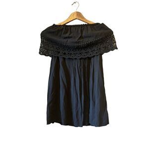 Black Off Shoulder Dress with‎ Lace Trim - Casual Summer Mini Sundress